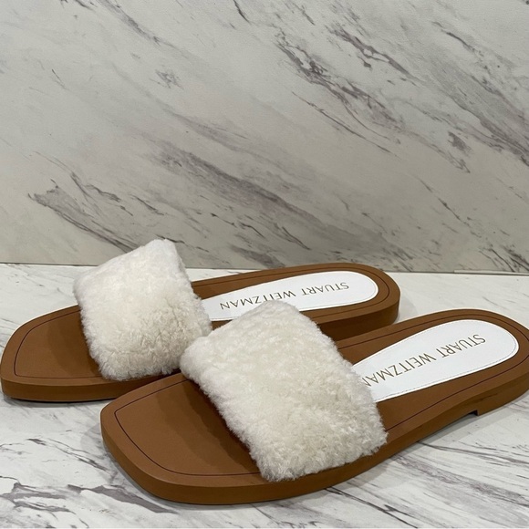 STUART WEITZMAN Cammy Slide Sandal Ivory Natural Sheep Shearling Leather 9B NEW. - Picture 2 of 8